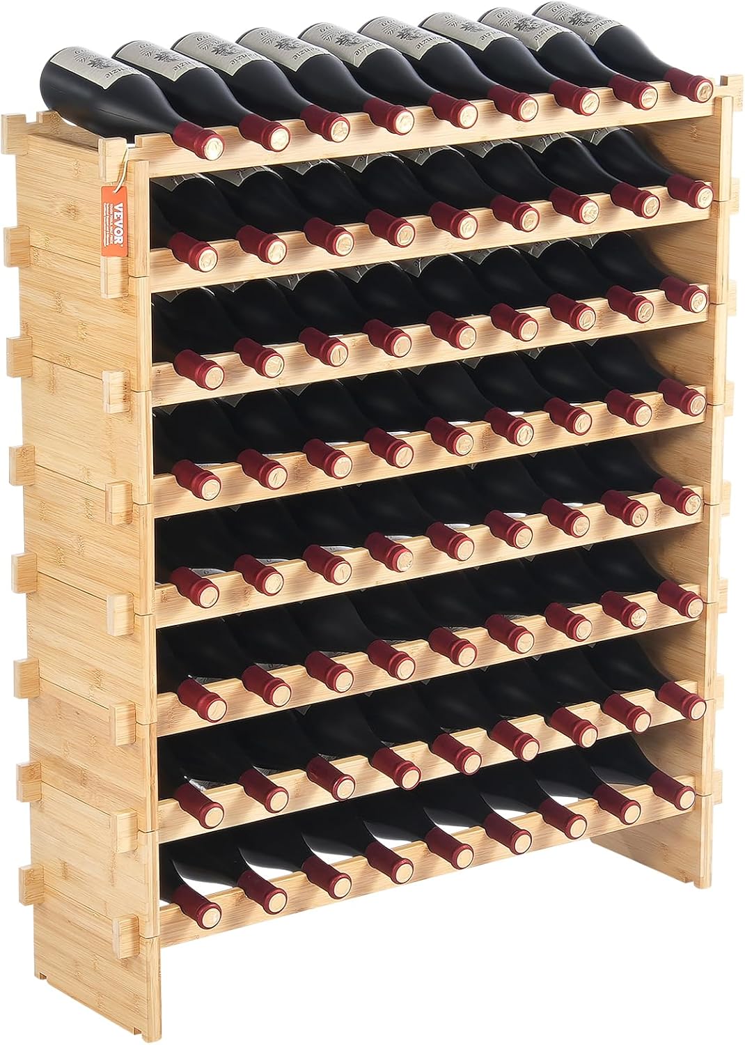 VEVOR 72 Bottle Upgrade Modular Wine Rack, Continuously Store Pinot Bottles, 8-Tier Bamboo Wood Storage Rack, Floor Freestanding Wines Holder Display Shelf, Wobble-Free Shelves for Kitchen Bar Cellar