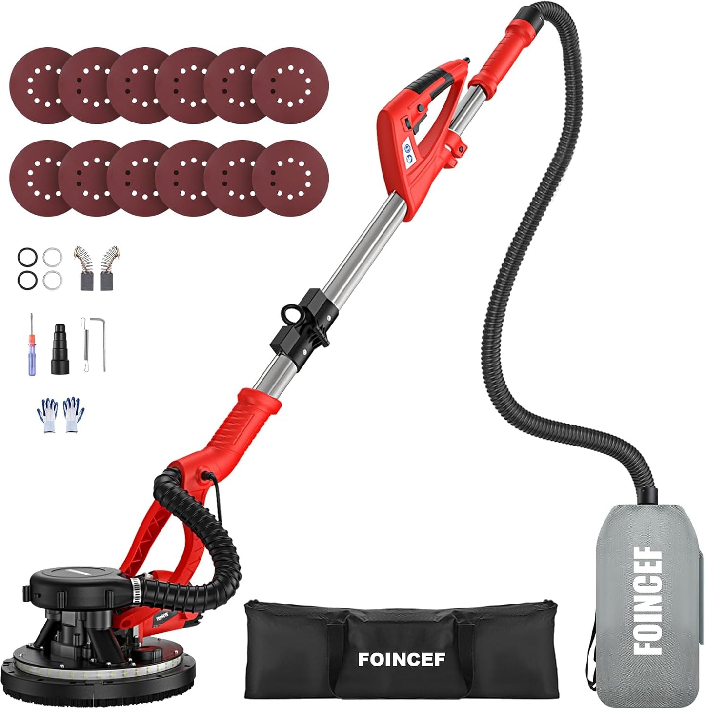 FOINCEF 950W 8-Amp Drywall Sander with Vacuum Attachment, Lijadora para Drywall, 7 Variable Speed with Vacuum Dust Collector, Lightweight Dustless with 360° Light for Ceilng Floor Plastered Popcorn