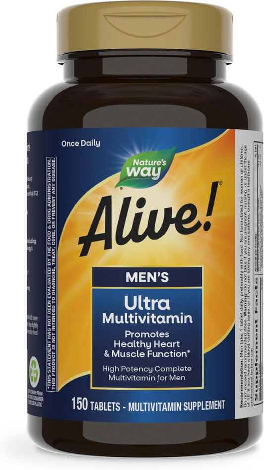 Nature's Way Alive! Men's Daily Ultra Multivitamin, High Potency Formula, Promotes Heart & Muscle Function*, with Methylated Vitamin B12, Gluten Free, 150 Tablets