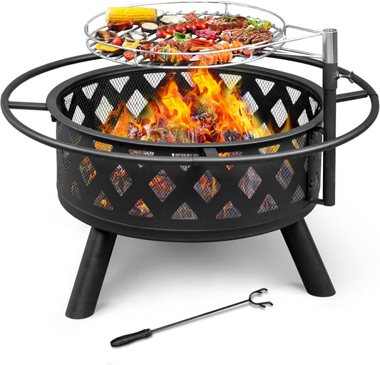Outvita Fire Pit, 31 Inch Outdoor Wood Burning Firepits with Swivel Steel BBQ Cooking Grill, Spark Screen & Poker Large Fire Bowl for Backyard Garden Patio Bonfire BBQ