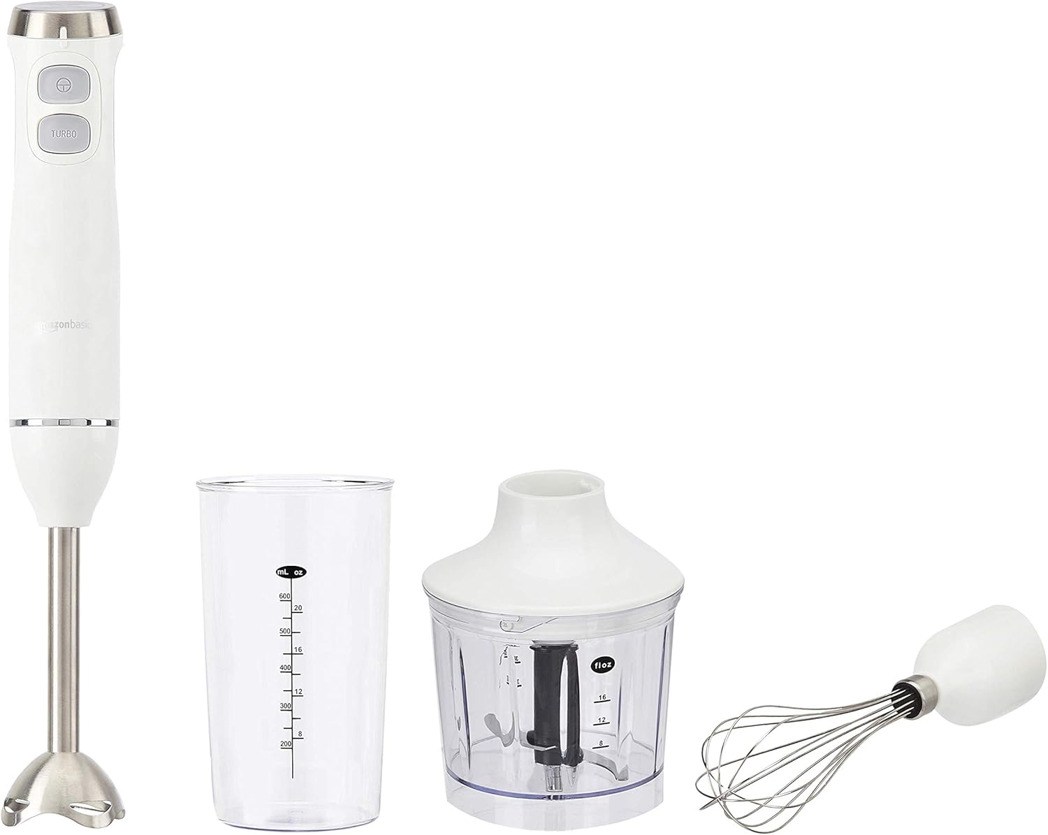 Amazon Basics 300W 4-In-1 Immersion Blender Handheld, Emulsion Blender With Blending Stick, Whisk, Chopper and Beaker, Continuous Speed Control And Turbo Mode, 5-ft Power Cord, White