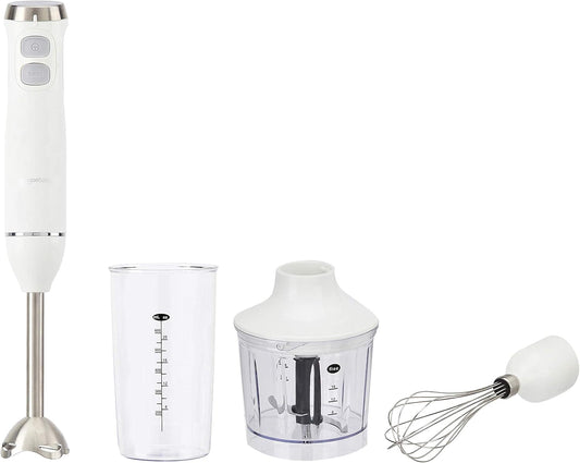 Amazon Basics 300W 4-In-1 Immersion Blender Handheld, Emulsion Blender With Blending Stick, Whisk, Chopper and Beaker, Continuous Speed Control And Turbo Mode, 5-ft Power Cord, White