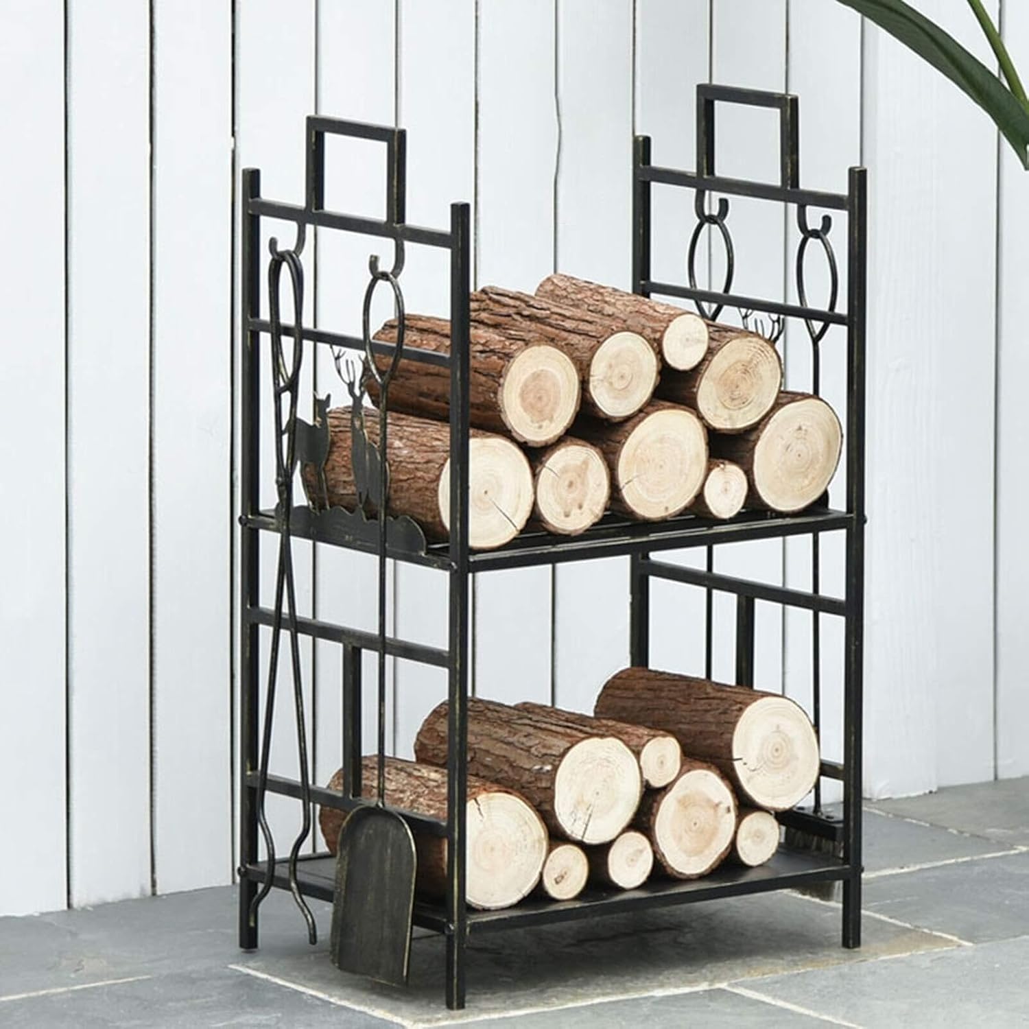 Double Layer Firewood Rack With 4-Piece Tool Set, Wrought Iron Wood Holder For Indoor & Outdoor Fireplace