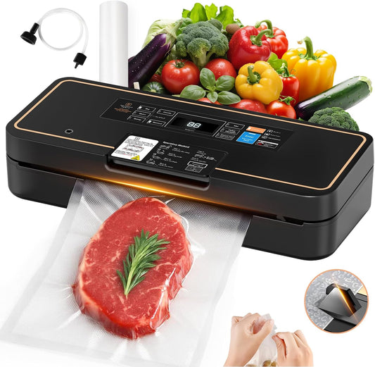 Vacuum Sealer for Food, 95kPa Food Vacuum Saver Sealer Machine, 120W 12L\/min Fast-Sealing with Auto Tear-Cut,Digital Timer, Built-in Cutter, Bag Storage and One Bag Roll, 9-in-1 Compact Vacuum Sealer