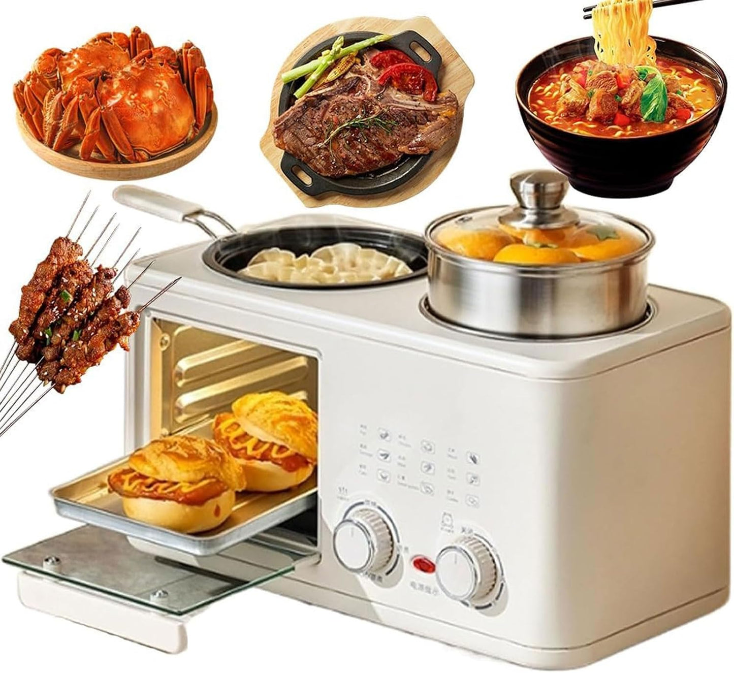 Electric Breakfast Machine,4-in-1 Breakfast Maker Station with 8L Oven, Frying Pan and Steamer, 0-60Min Timer Knob, S-Type Double Heating Tube, 1200W Breakfast Egg Sandwich Maker for Home