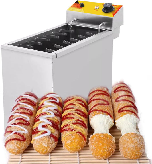 Commercial Corn Dog Deep Fryer, 25L Large Capacity Cheese Hot Dog Sticks Frying Machine with 12 Hooks, Electric Deep Fryer for Corn Dog Maker, Adjustable Temperature Range 140-392℉, Heavy-Duty Design