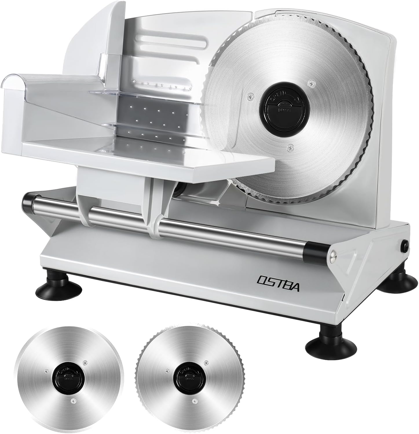 OSTBA Meat Slicer Machine, Two 6.7\u201D Removable Stainless Steel Blades and Food Carriage, 150W Electric Deli Food Slicer for Home Use, Easy to Clean, 0-15mm Adjustable Thickness for Meat, Cheese, Bread