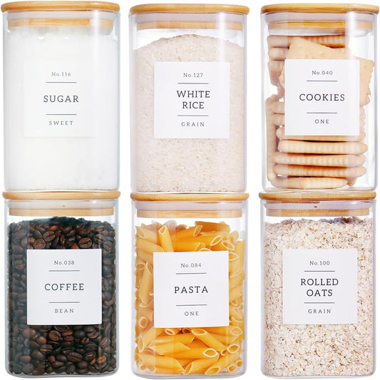 CZZGSM 6 Pack Square Glass Kitchen Storage Jars with Airtight Bamboo Lids and 132 Pantry Labels - 35oz Glass Canisters With Wood Lids - Glass Food Storage Containers for Coffee, Cookie, Tea, Spice