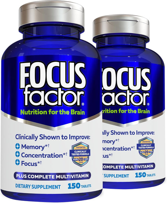 Focus Factor Nutrition for The Brain, Improved Memory & Concentration Brain Supplement, Complete Multivitamin with Vitamins B6, B12, D, Bacopa Monnieri & Tyrosine, 150 Count (Pack of 2)