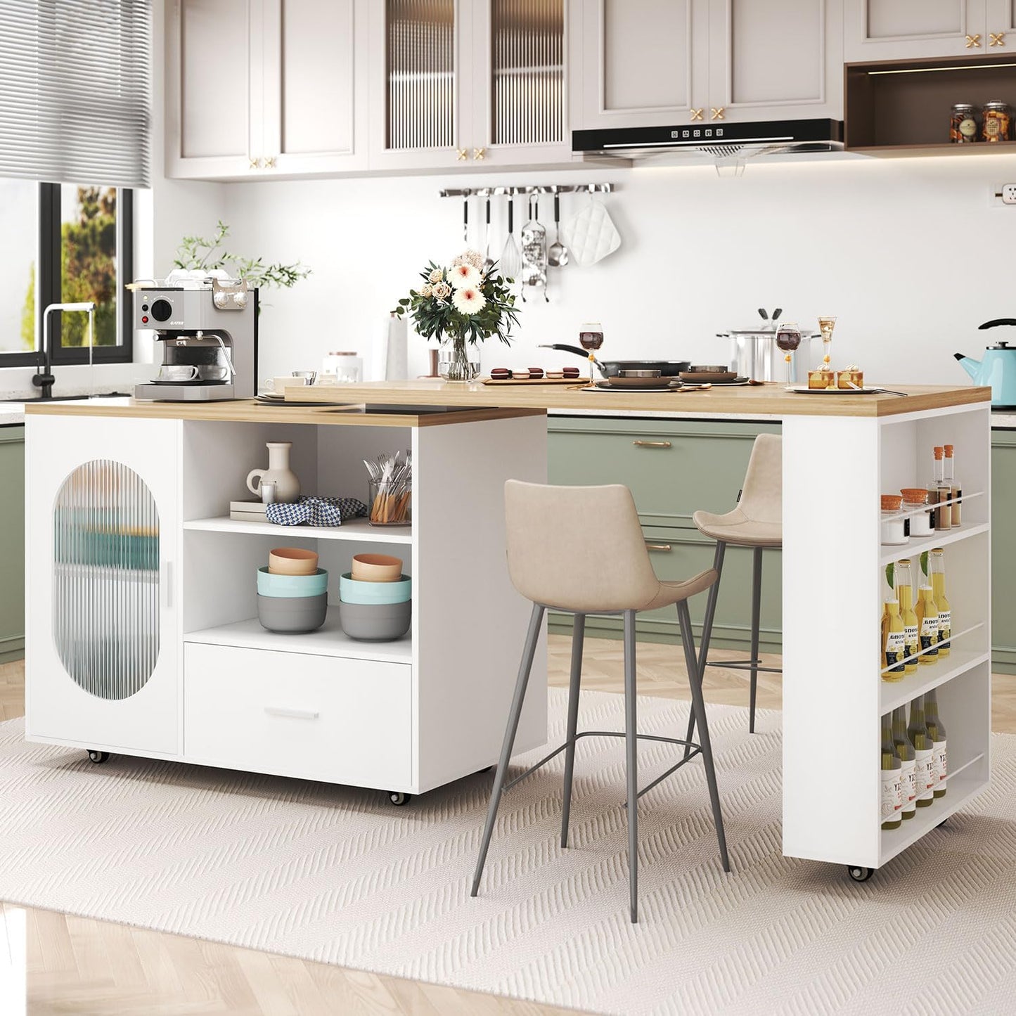 HSH 72.4\u201D Rolling Kitchen Island with Swivel Table, Storage Cabinet, Drawers & Shelves, White Modern Mobile Island Cart on Wheels, Farmhouse Wood Island Table for Kitchen, Dining Room, Home Bar