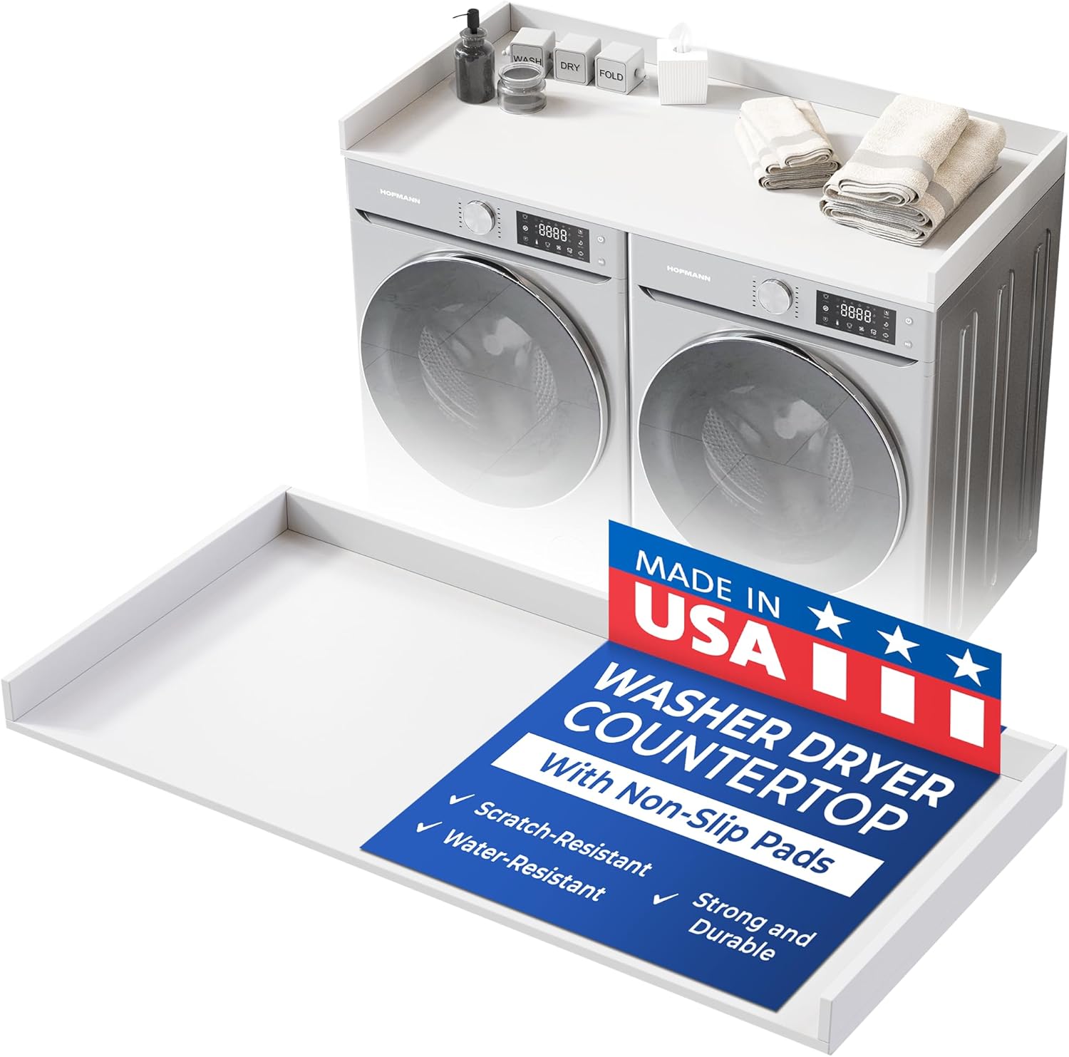 OfficeSimpli Washer Dryer Countertop, Made in USA, Non-Slip Pads, Easy Clean, Laundry Room Essentials and Decor, Washer Dryer Wood Top for Organization (Glacier White, Standard (27.5" x 54"))