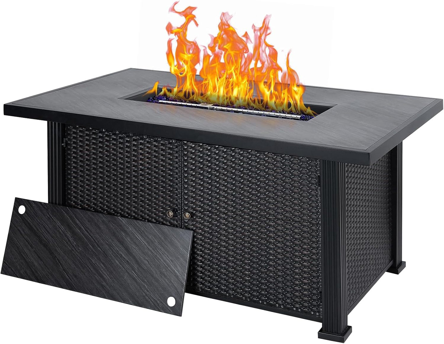 52 Inch Propane Fire Pit Table for Patio, 50,000 Btu Outdoor Propane Gas Fire Pit Storage Shelf, Glass Wind Guard and Lid, Wicker Patio Gas Fire Pit for Balcony Backyard Garden