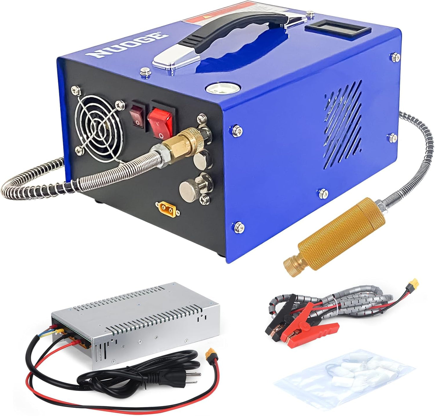 NUOGE PCP Air Compressor 4500Psi\/30Mpa Water\/Oil Free PCP Air Pump Rifle\/Pistol Paintball Cans Powered 12V Automotive DC 110V AC For Home Use With Power Converter And Oil-moisture Filter Easy Carry