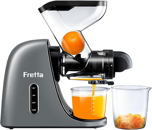 Fretta Cold Press Juicer,Juicer Machines Vegetable and Fruit with 3'' Feeding Chute, Masticating Slow Juicer Extractor, Easy to Clean,2 Speed, BPA-Free, 200W (Cool Grey)