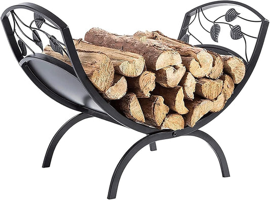 Portable Curved Firewood Rack with Leaf Pattern Indoor/Outdoor Wood Rack for Firewood Logs and Firelighters,