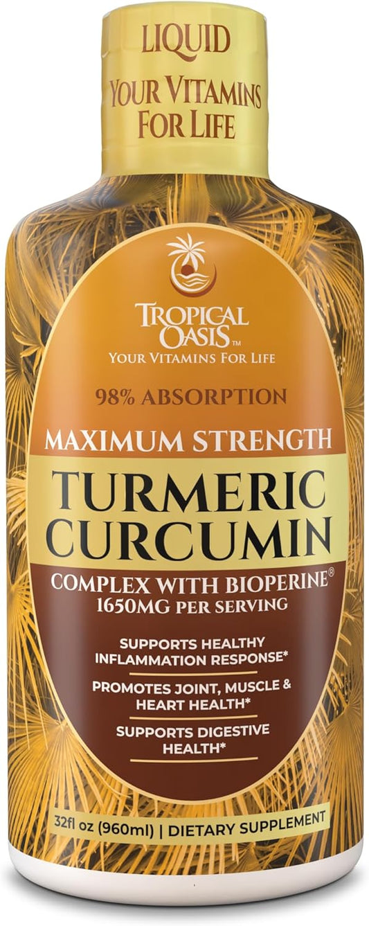 Tropical Oasis Liquid Turmeric Curcumin w\/Bioperine - 1650mg Maximum Strength Turmeric Supplement with Black Pepper & Vitamin C - 98% Absorption Rate - 32oz