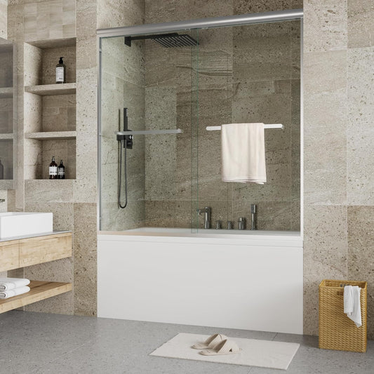 Qeetex Bathtub Shower Door 55 to 59 Inch W and 60Inch H Double Sliding Shower Door Semi Frameless 6mm Clear Glass Shower Enclosure Doors for Bathroom Stainless Steel Handle Brushed Nickel