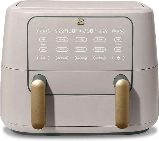 9-Quart Dual Zone Air Fryer Exclusive with Divider & Crisper Trays, Digital Touchscreen for 2-in-1 Cooking By Drew Barrymoree (Porcini Taupe)
