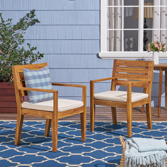 ModernLuxe Outdoor Dining Chair Set of 2,Sandblast Natural Stained Set of 2 Natural Wood Frame Stationary Conversation Chair with Off-white Cushioned Seat