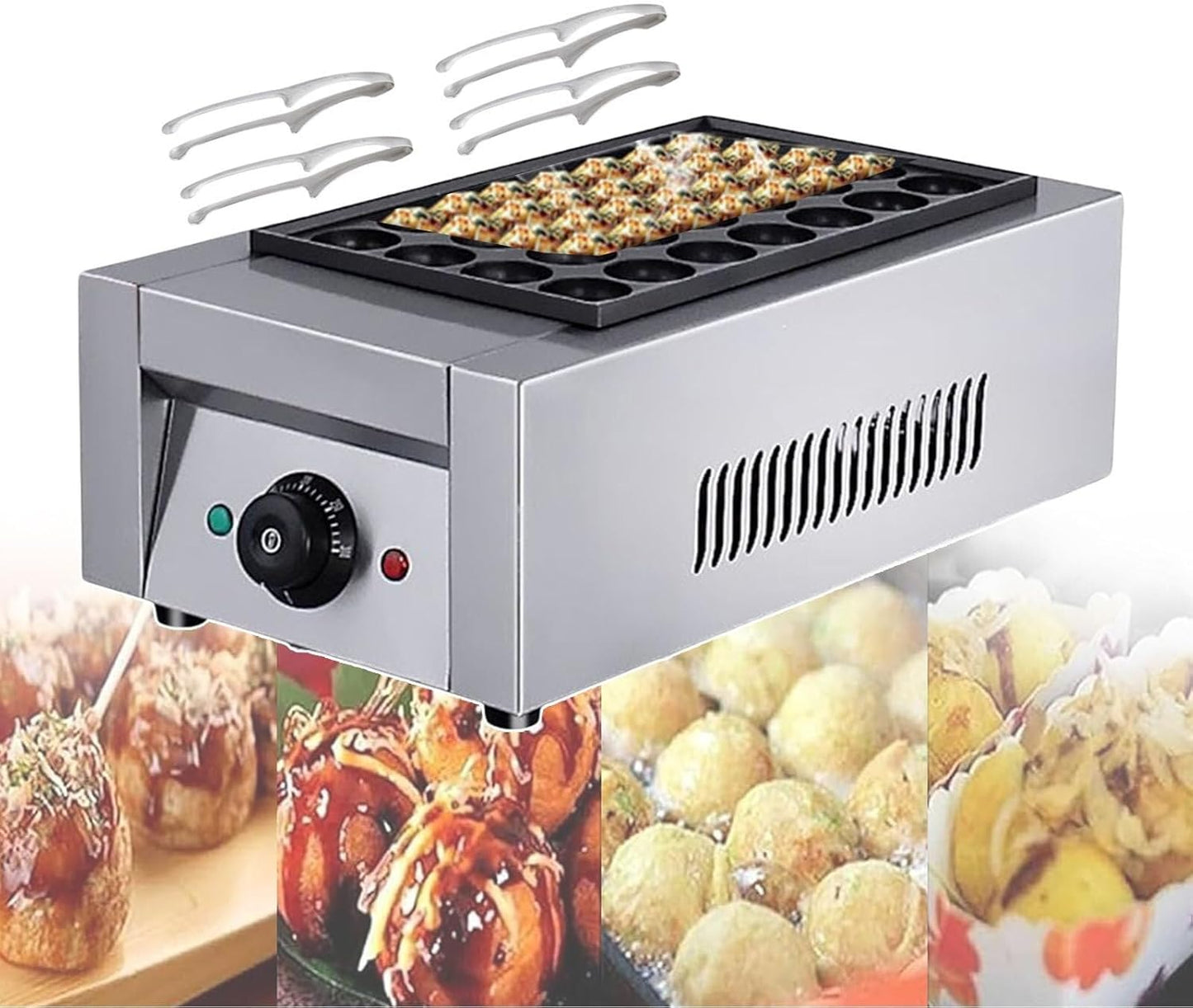 ZHJGFDRY Electric Takoyaki Maker, Commercial Takoyaki Octopus Baking Pan with 4 BBQ Tongs, Electric Octopus Meat Fish Ball Maker for Cold Drink Shops(2KW)
