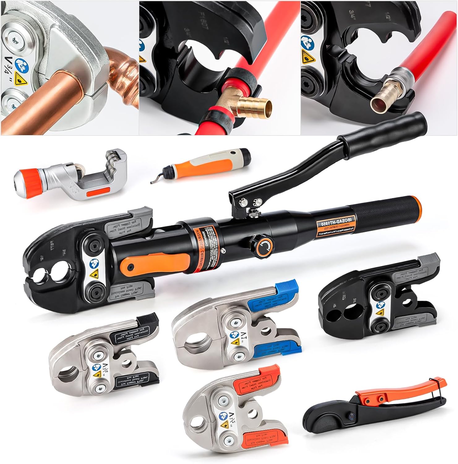 IBOSAD Hydraulic Copper Pipe Tube Fittings Crimping Tool with 1\/2",3\/4",1" for copper,1\/2&3\/4" F877 Stainless PEX Sleeve and 1\/2&3\/4 inch for F1807 Pex Pipe Copper Ring