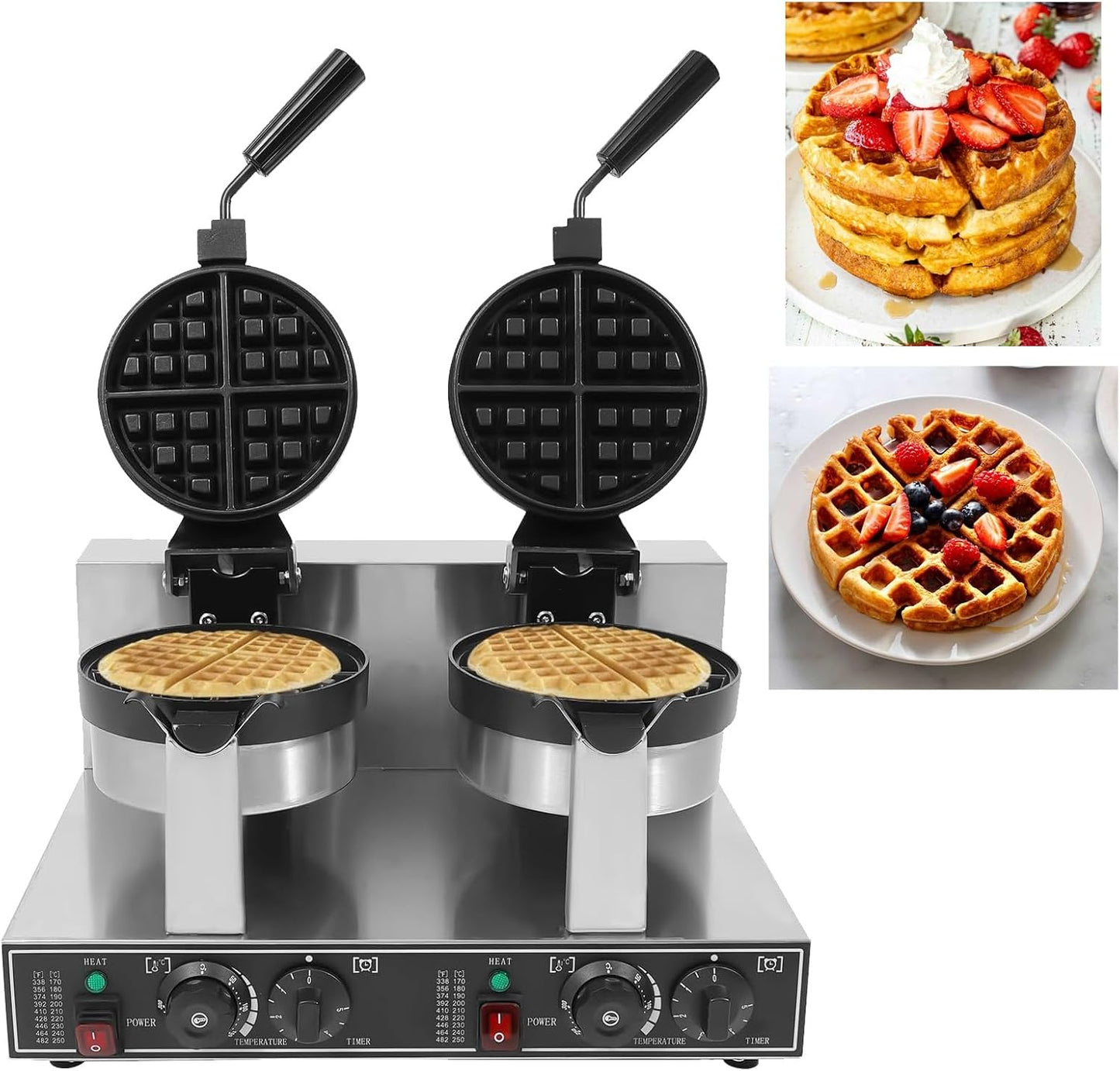 2400W Commercial Waffle Maker, Dual-Head Round Waffles Baker Machine with Temp and Time Control,Rotating Waffle Iron,for Home Kitchen Restaurant