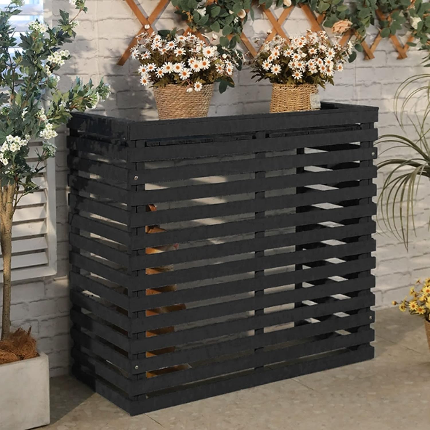 Outdoor Wooden Air Conditioner Cover, Wood Grille with Ventilation & Lock, Dustproof Air Conditioner Rack (Black)