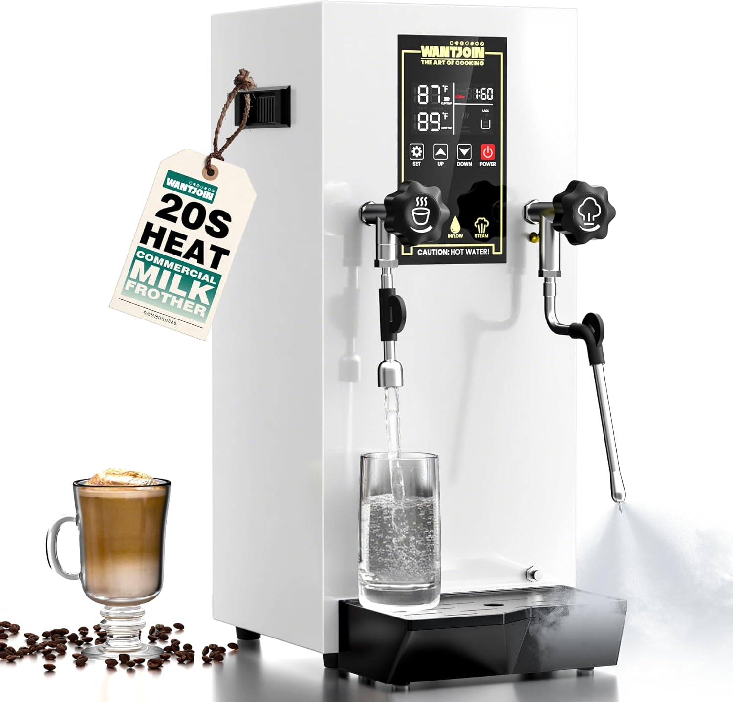 WantJoin Commercial Milk Frother - 1800W Milk Steamer, Hot Water Dispenser, Beverage Heater for Latte, Cappuccino, Coffee, Milk Tea, LED Display, Hotel Use (While)