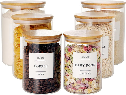 CZZGSM Set of 6 Glass Flour and Sugar jars with 132 Kitchen Pantry Labels - Thicken Large Glass Storage containers with Airtight Bamboo Lid - Glass Rice Canisters for Salt Coffee(100OZ\/54OZ\/27OZ)