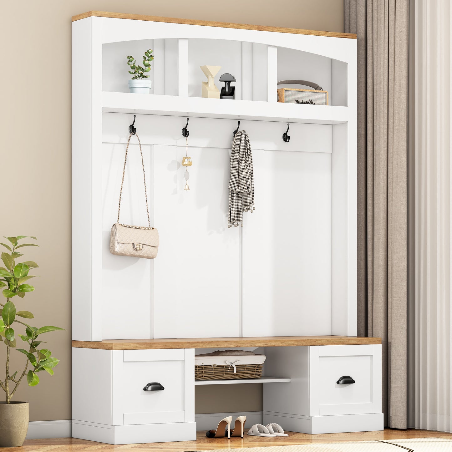 ModernLuxe Farmhouse 4in1 Hall Tree with Wood Grain Bench and TopMultifunctional Coat Rack with Black Hooks and Shell HandlesMudroom Bench with Adjustable Shelves for HallwayLiving RoomWhite