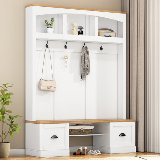 ModernLuxe Farmhouse 4in1 Hall Tree with Wood Grain Bench and TopMultifunctional Coat Rack with Black Hooks and Shell HandlesMudroom Bench with Adjustable Shelves for HallwayLiving RoomWhite