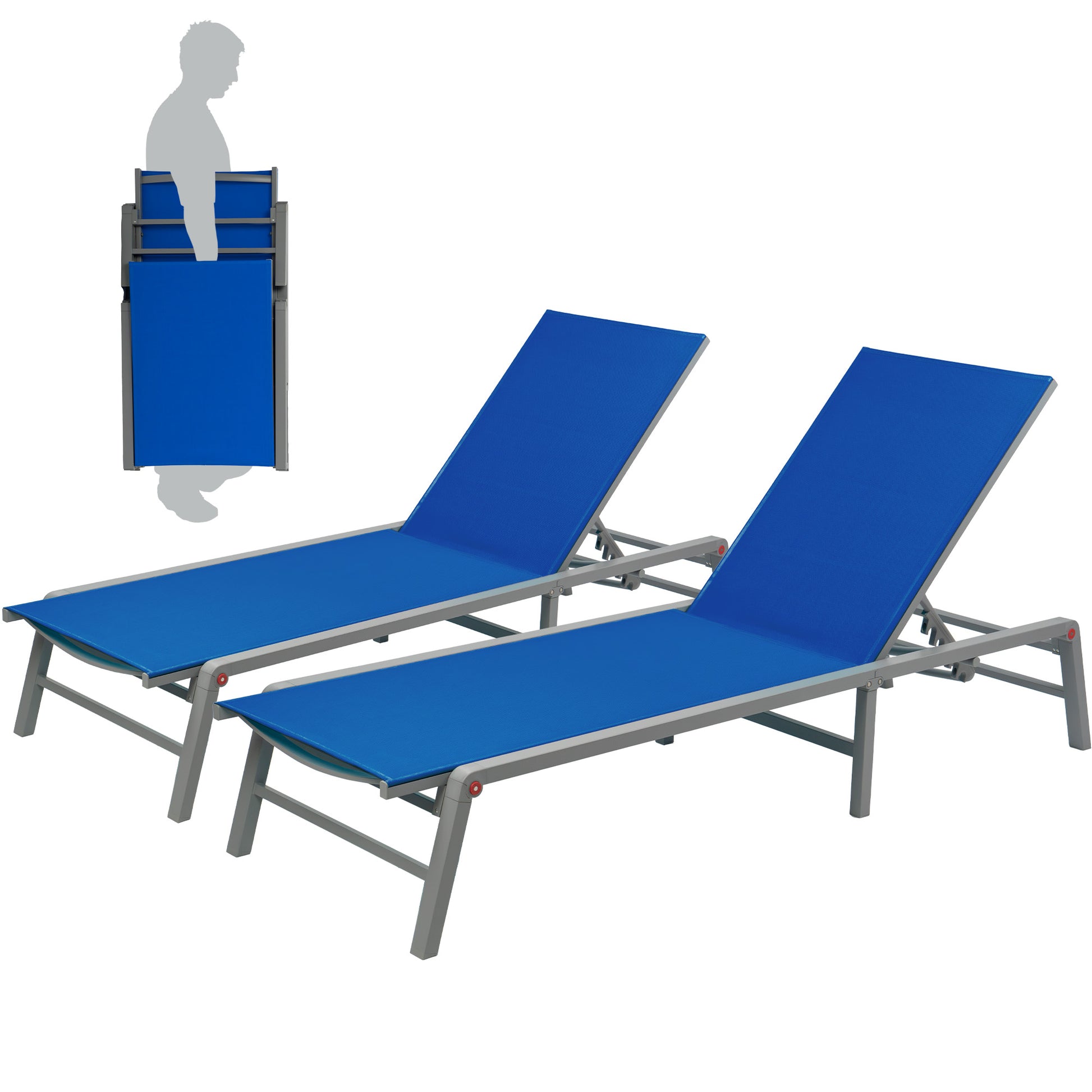 Kozyard Kathy Set of 2 Stackable Gray/Powder Coated Metal Frame Stationary Chaise Lounge Chair with Blue Mesh Seat