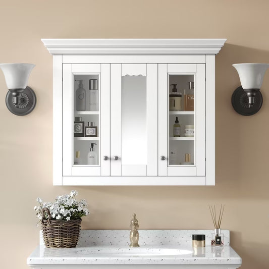 AAZJ Bathroom Medicine Cabinet with Mirror 35-in x 28-in Fog Free Surface Mount White Mirrored Rectangle Medicine Cabinet