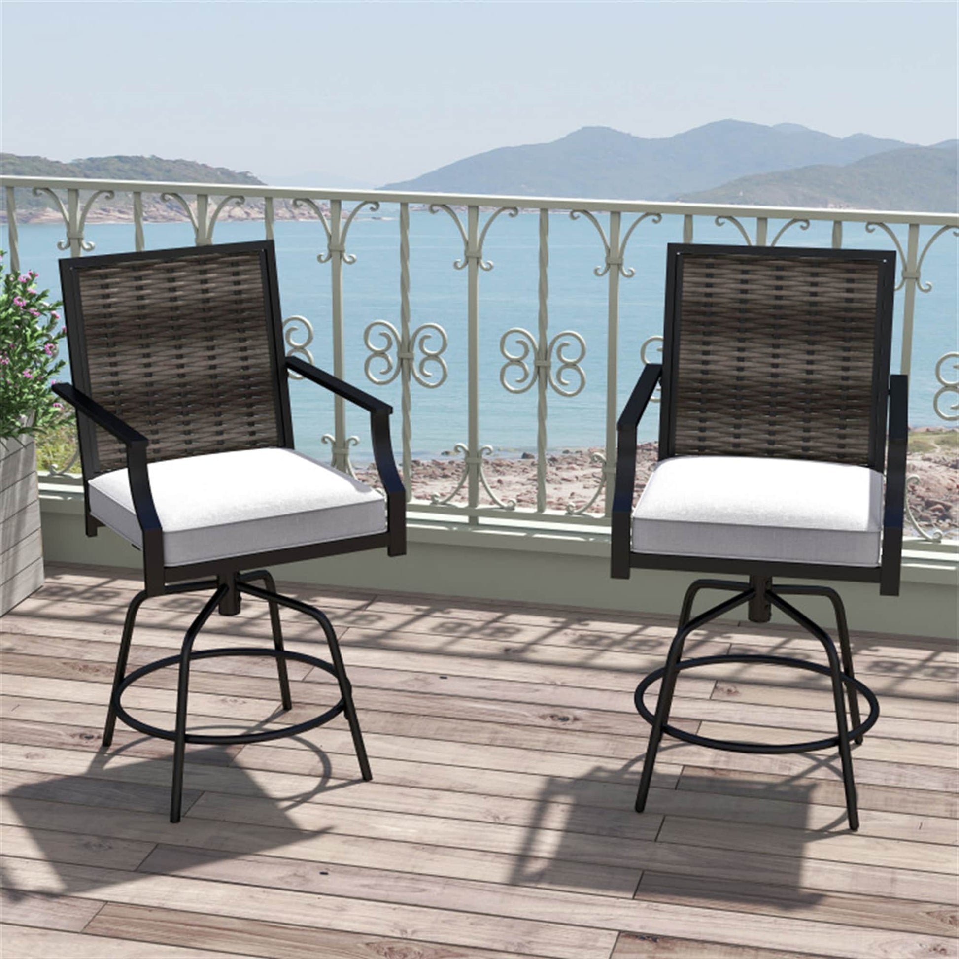 BABOOM Outdoor PE Wicker Swivel Bar Stools Set of 2 Set of 2 Rattan Black Metal Frame Swivel Bar Stool Chair with Gray Polyester Cushioned Seat