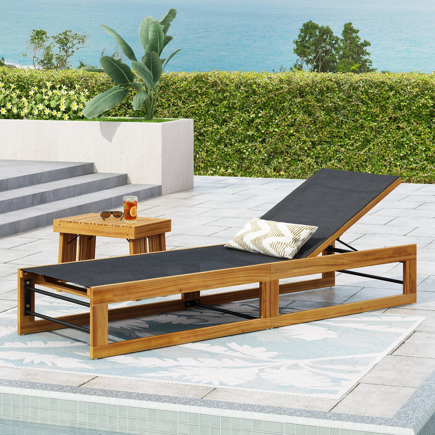 Best Selling Home Decor Leavitt Teak Wood Frame Stationary Chaise Lounge Chair with Mesh Seat
