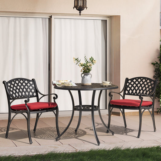 Nuu Garden 5 -Piece Black spray-painted gold paint Patio Dining Set Aluminum Round Table with 2 Red Cushions Stationary Chairs