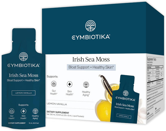 CYMBIOTIKA Irish Sea Moss Supplement, Organic Wildcrafted Sea Moss with Aloe Vera, Fulvic Minerals, Postbiotics, Gut, Immune, Skin Support, Liquid Travel Packet, 26 Servings (Single Pack)