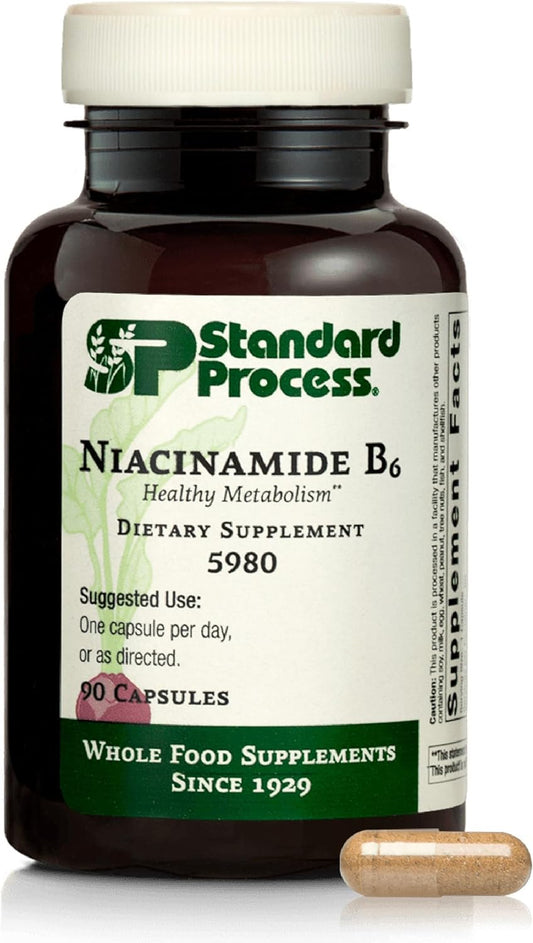 Standard Process Inc. Niacinamide B6 - Whole Food Energy, Metabolism and Nervous System Supplements with Soy Protein, Vitamin B6, Ascorbic Acid, Calcium Lactate, and Niacinamide - 90 Capsules