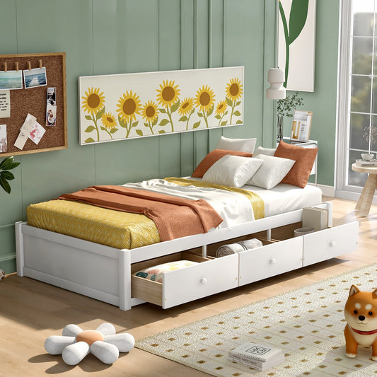 LOVMOR Twin Size Platform Storage Bed with 3 Drawers White