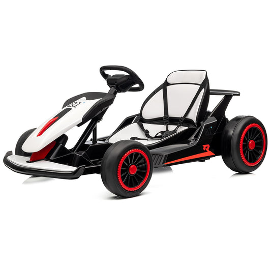 Qeetex 24V Electric Drift Go Kart For Kids Ages 6-12 With Dual 200W Motors 8.1 MPH Adjustable Seat Led Lights Music Usb FM Radio Steel Frame White