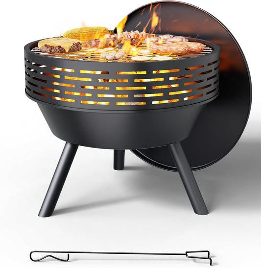 Wood-Burning Outdoor Fire Pit - Heavy Duty Firepits for Outside with Grill and Cover, 23 Inch Steel Fire Bowl for BBQ, Patio, Backyard, Porch