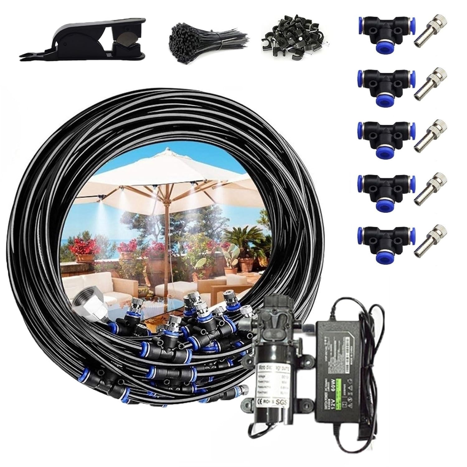 ﻿Misting Cooling System, Outdoor Mister System for Outside Patio, Garden Irrigation System Kit for Outside Patio Garden Greenhouse Umbrella ﻿(50M(164ft))