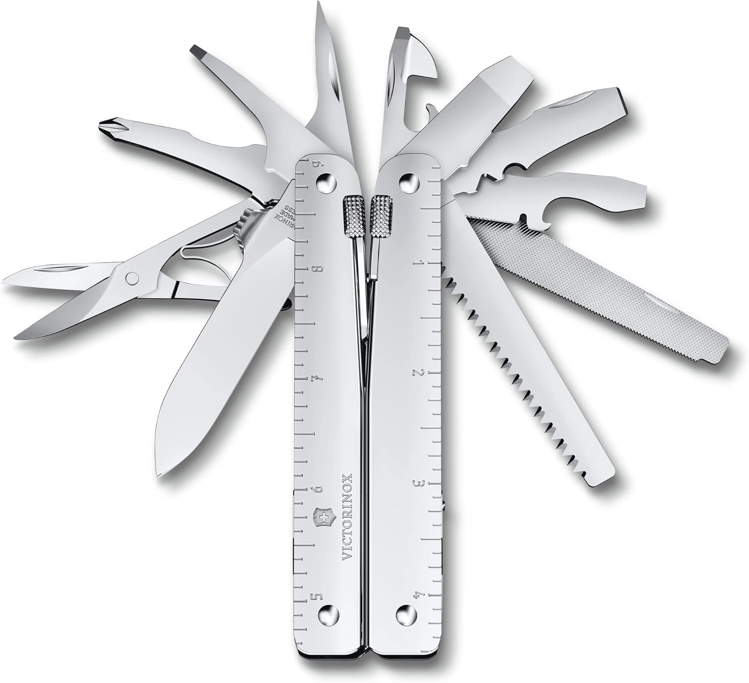 Victorinox Swiss Tool MX Swiss Army Knife, 26 Function Swiss Made Multitool with Large Blade, Pliers and Wire Cutter - Silver with Nylon Pouch