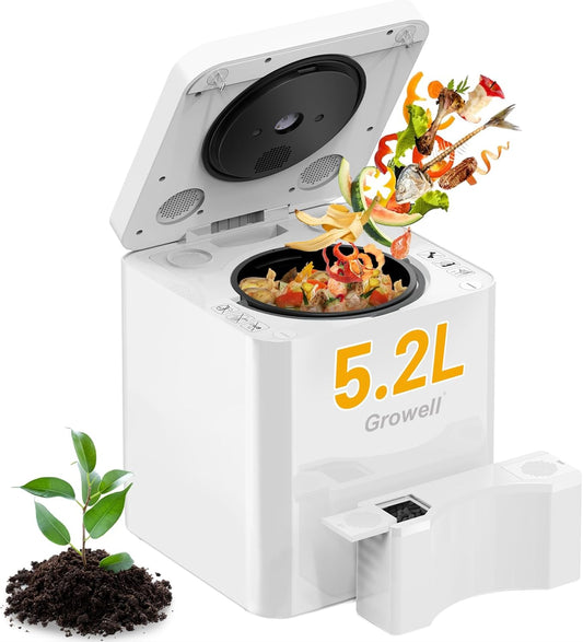 Growell EC03 Electric Composter for Kitchen Indoor, 5.2L 3-in-1 Large Countertop Compost Bin, Drying\/Grinding\/Composting, Odorless Food Waste Compost Machine with Auto-Clean & Smart Sensor LED Displa