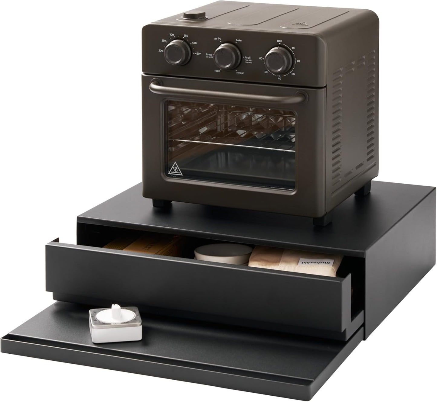 YAMAZAKI Home Tower Kitchen Countertop Organizer Appliance Stand with Drawer and Pull-Out Shelf \u2013 Steel Microwave Stand with Drawer, Modern Countertop Shelf Organizer, Black, Space-Saving Design