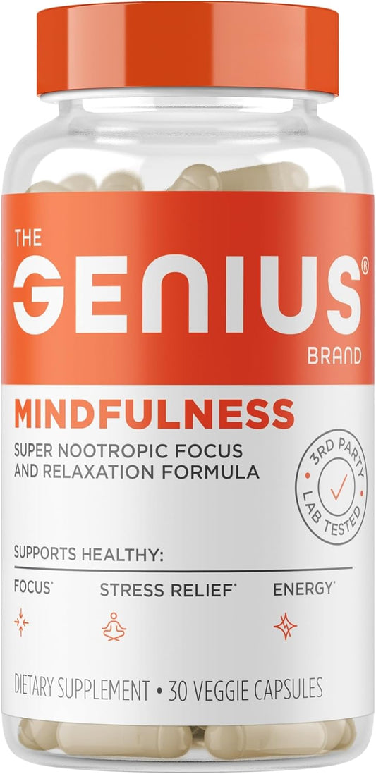 The Genius Brand Genius Mindfulness - Brain Health Supplement - Supports Healthy Mindsets - Calm, Energy, Memory & Focus Support - Ashwagandha, NeuroFactor & More - 30 Veggie Pills