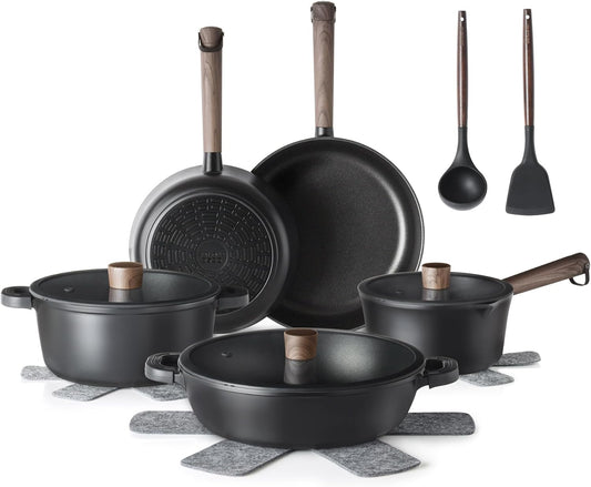 SENSARTE Nonstick Cookware Set Pots and Pans Set Kitchen Non-stick Cooking Set, Dishwasher & Oven Safe, Induction Compatible, Free of Intentionally Added PFOA\/PFOS, 15pcs, Black