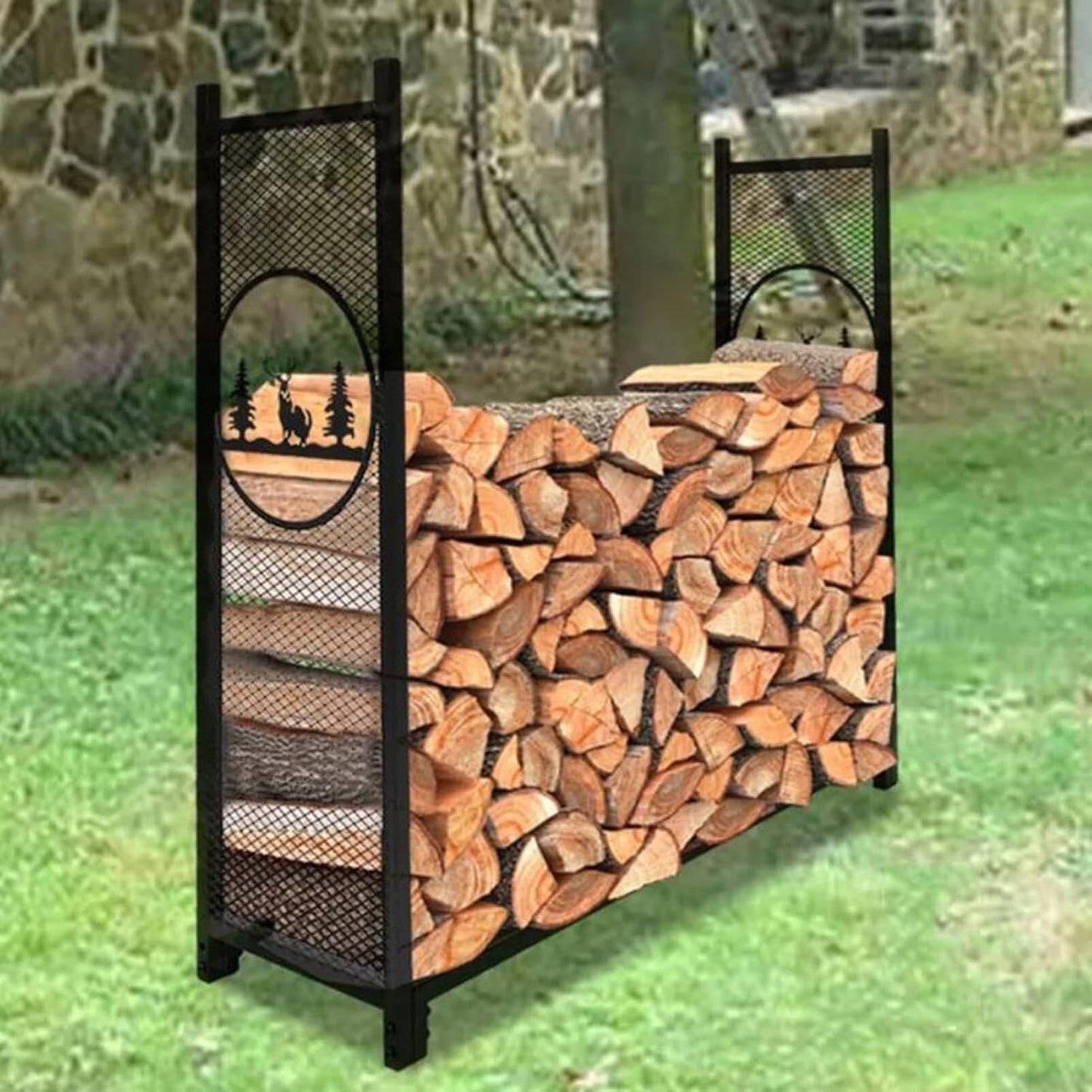 Heavy Duty Metal Match Holder with Elk Pattern, Grid Sides and Bottom, Indoor and Outdoor Firewood Basket Rack