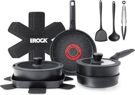 THE ROCK SMART SPACE 16pc Nonstick Pots and Pans Set with ROCK.TEC, Stackable Cookware Set with Detachable Handles, Scratch\/Stain\/Crack Proof, Induction Ready, Oven & Dishwasher Safe, PFOA-Free, Black