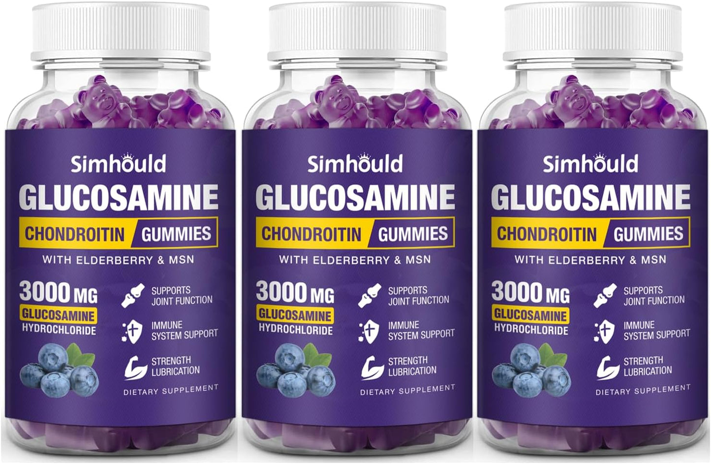 Simhould 3 Packs Glucosamine Chondroitin Gummies - 3000MG Extra Strength Joint Support Supplement with MSM & Elderberry, Flexibility, Antioxidant Immune Support Gummy for Adults, Men & Women
